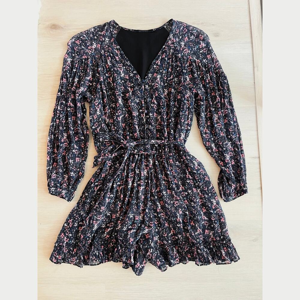 AllSaints Kaylee Floral Romper Black Pink Long Sleeve Size 2